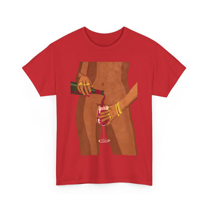 Vibrant Wine Glass Women's Graphic T-Shirt in red, featuring a captivating visual of a figure elegantly pouring wine, making a stylish statement piece for wine enthusiasts.