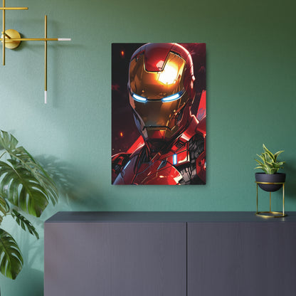 Marvel Iron Man Metal Art Poster prominently mounted in a stylish setting, showcasing its luxurious design and vibrant colors against an elegant backdrop.
