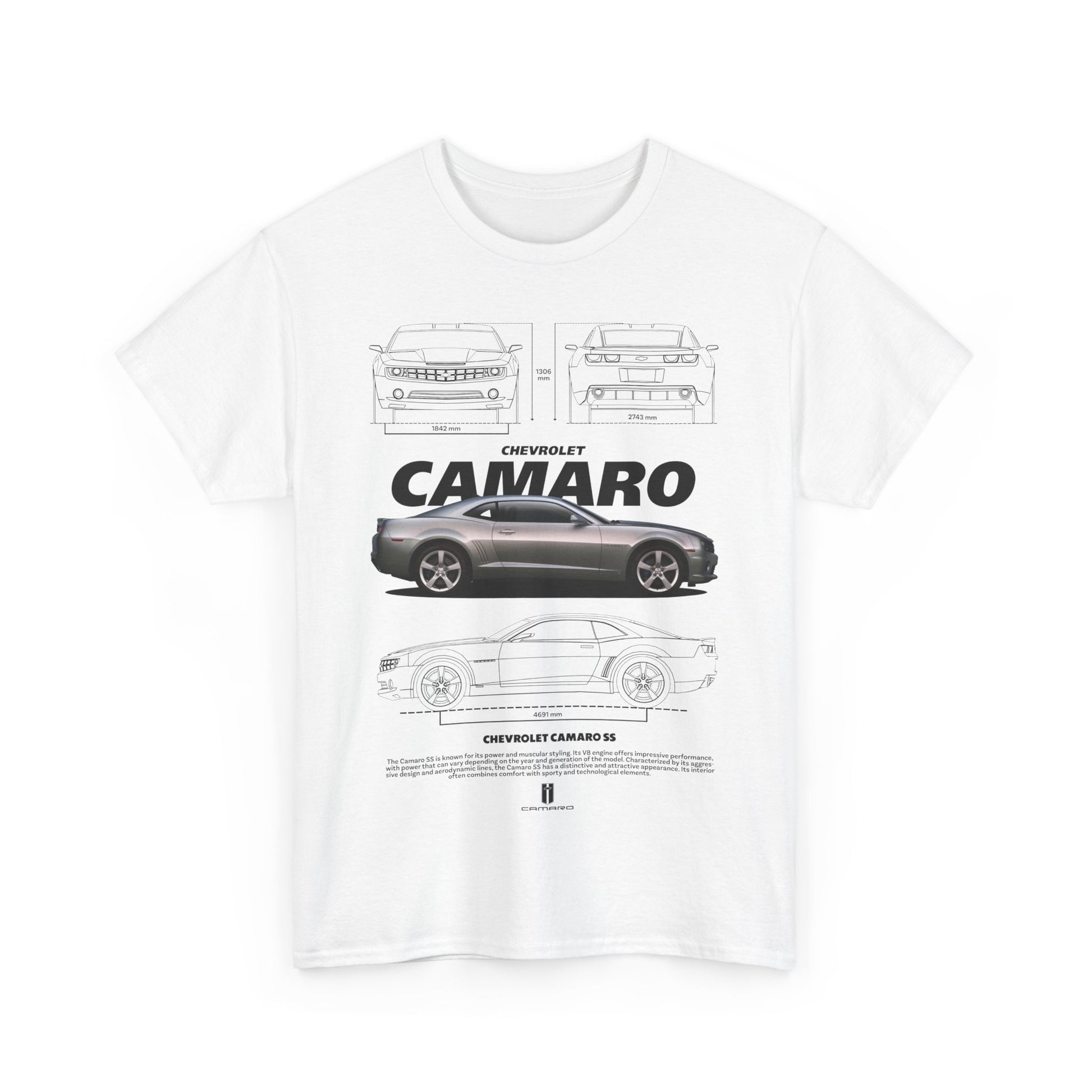 Luxury Men's T-shirt featuring a stylish Chevrolet Camaro design, showcasing a detailed blueprint and graphics, perfect for car enthusiasts.