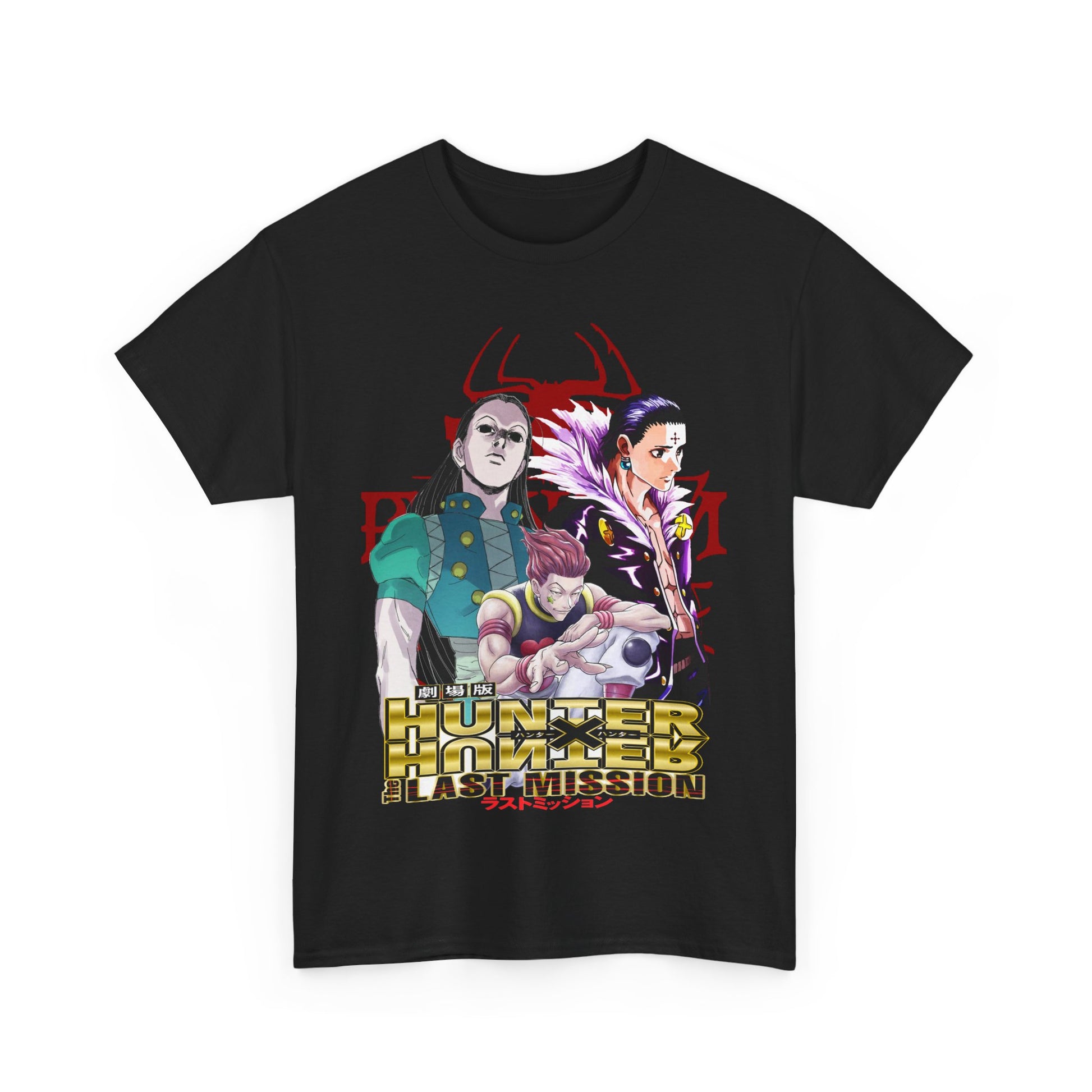 Elegant black t-shirt featuring a vibrant graphic design of popular Hunter x Hunter characters including Killua and Hisoka, ideal for anime collectors and fans.