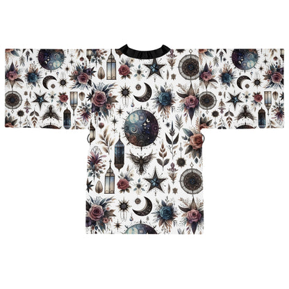 Floral Kimono Robe, Women's Robe, Designer Lounge Wear showcasing a luxurious floral and celestial design, ideal for stylish home relaxation.