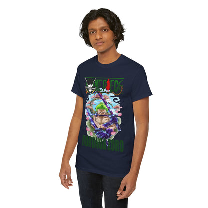 Stylish Roronoa Zoro T-shirt worn by a model, highlighting an intricate graphic design and bold colours, ideal for fashion-forward individuals.