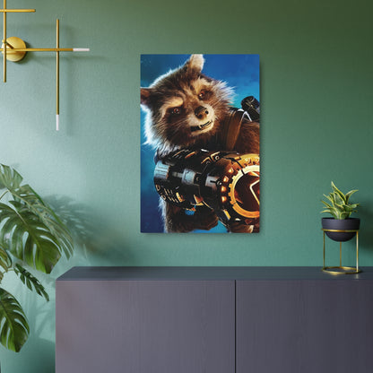 Elevate your décor with the Marvel Guardians of the Galaxy Rocket Metal Art Poster, showcasing Rocket Raccoon in striking detail against a cosmic backdrop, perfect for fans seeking a modern artistic touch.