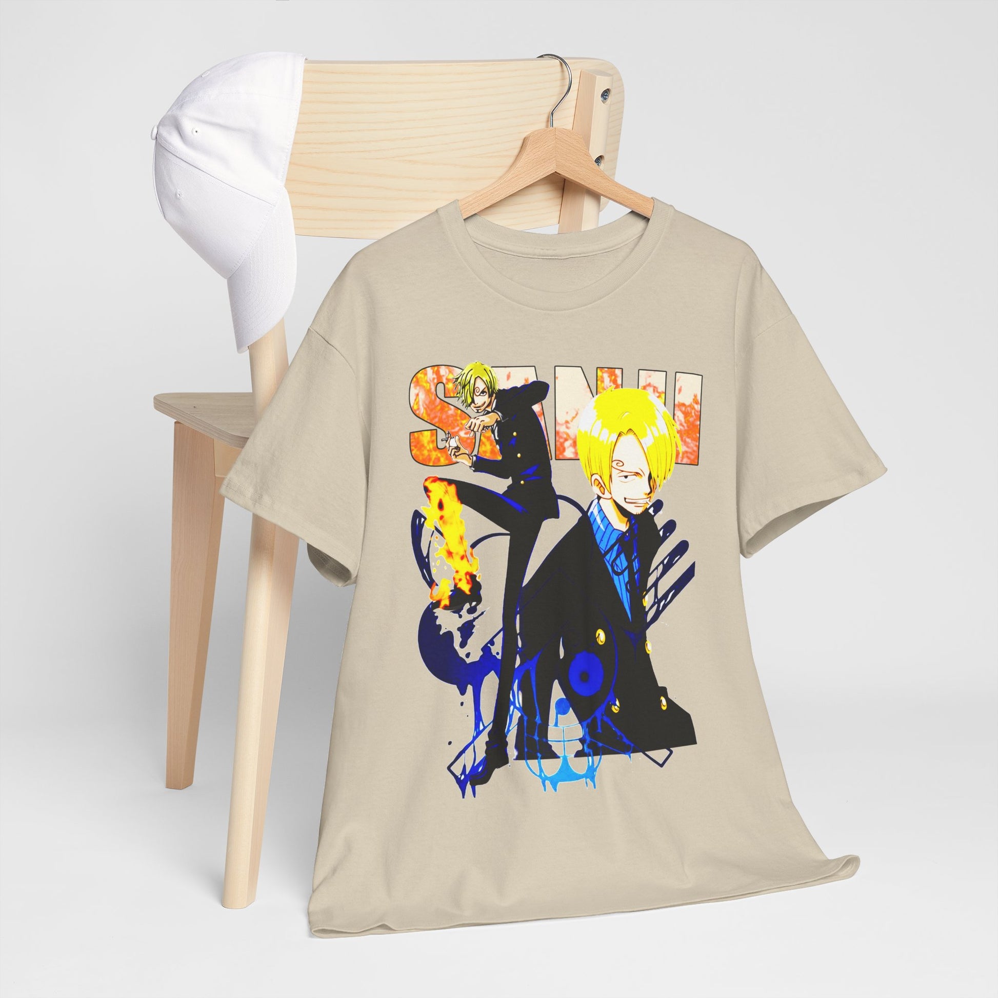 Designer t-shirt with stunning anime character graphics, thoughtfully arranged on a stylish chair alongside a cap, presenting a trendy look for anime lovers.