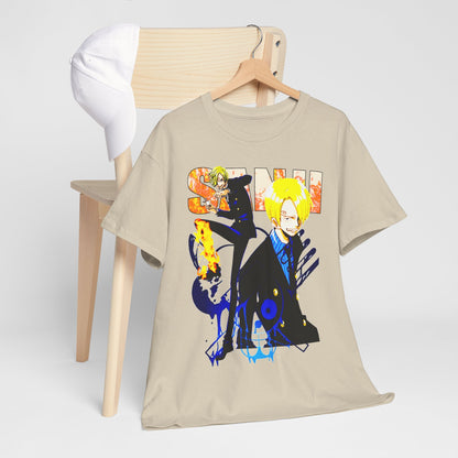Designer t-shirt with stunning anime character graphics, thoughtfully arranged on a stylish chair alongside a cap, presenting a trendy look for anime lovers.