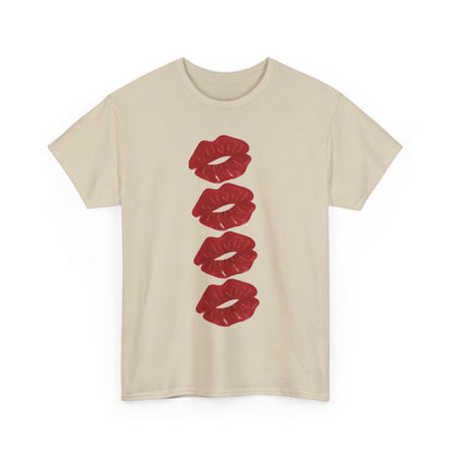 Decadent cotton graphic tee displaying a series of deep red lip prints, a perfect statement piece for expressing love and spontaneity in upscale casual wear.