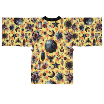 Floral Kimono Robe showcasing a stunning print of stars and flowers on a yellow background, ideal for elegant relaxation.