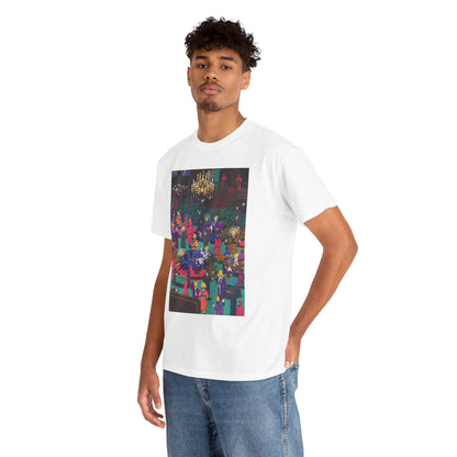 Elegant male model wearing a white graphic cotton t-shirt embellished with an imaginative Squid Game-themed illustration, ideal for making a bold fashion statement.