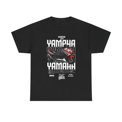 Sophisticated YAMAHA Scooter Life men's t-shirt featuring striking graphics of a scooter and bold text in a luxurious black fabric, designed for true motorcycle enthusiasts.