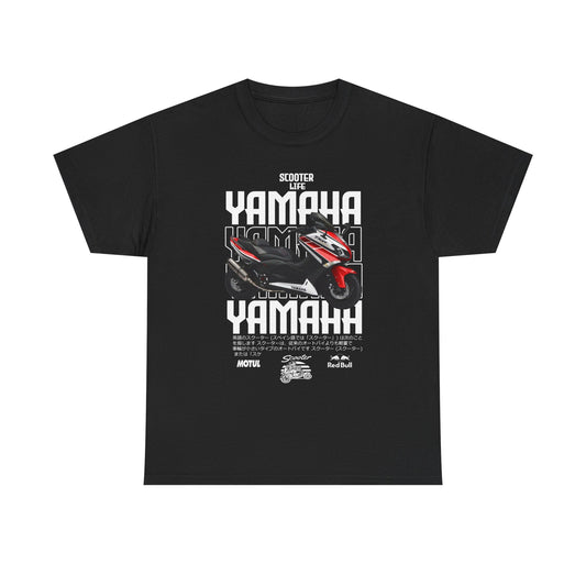 Sophisticated YAMAHA Scooter Life men's t-shirt featuring striking graphics of a scooter and bold text in a luxurious black fabric, designed for true motorcycle enthusiasts.
