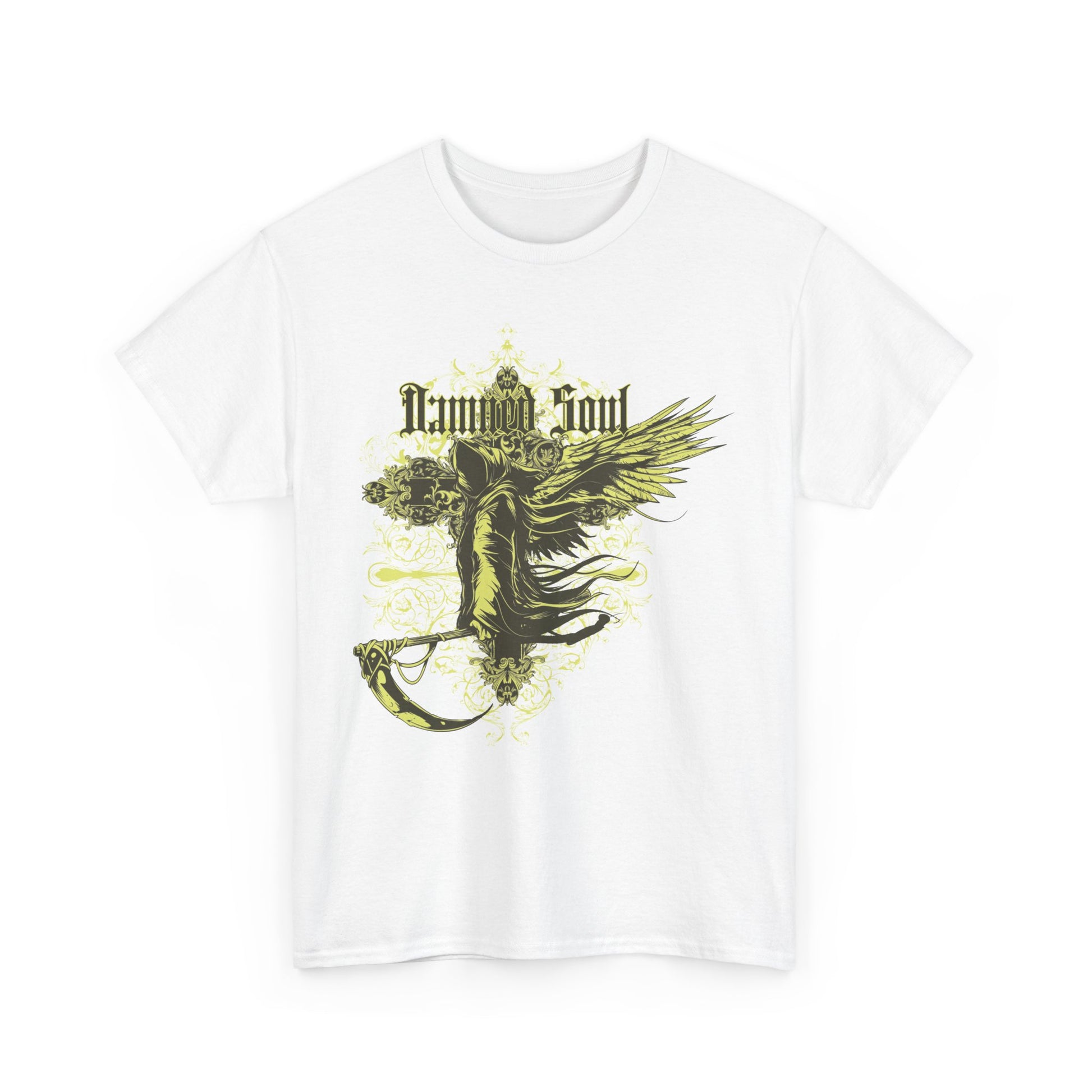 Chic white t-shirt presenting an intricate design of the Grim Reaper embellished with floral accents and elegant wings, featuring the captivating phrase 'Damned Soul' in a refined gothic font.