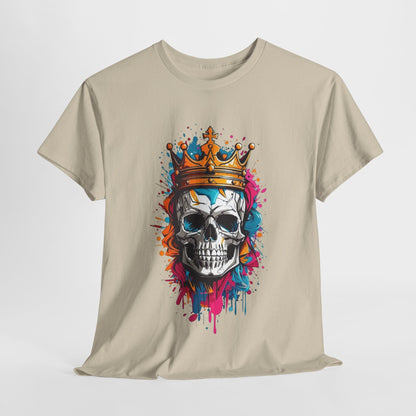 Luxurious unisex T-shirt featuring a vibrant stylised skull design adorned with a golden crown and colourful paint splatters. Perfect for making a bold fashion statement.