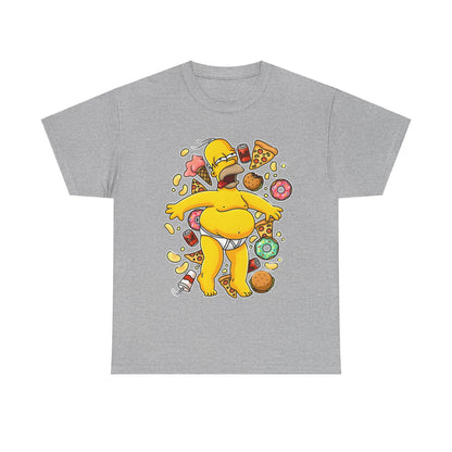 Homer's Gluttonous Glory Unisex Cotton Tee featuring an amusing print of Homer Simpson reveling in food, presented on a comfortable grey tee.