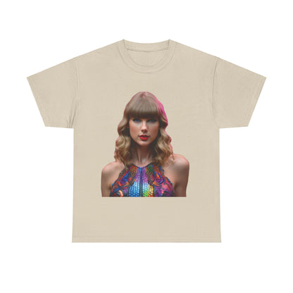 Chic Swifties Psychedelic Taylor Swift Heavy Cotton Tee in beige, designed with an eye-catching psychedelic graphic of Taylor Swift for fashionable fans.