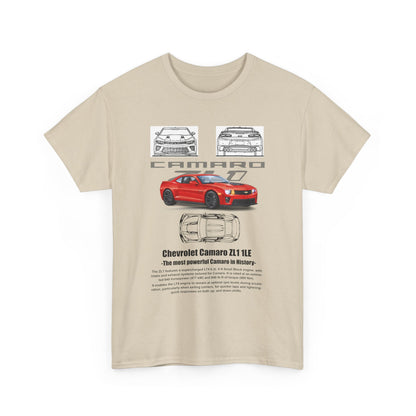 Luxurious Men's Chevrolet Camaro ZL1 1LE T-Shirt featuring striking artwork of the iconic red Camaro, showcasing detailed designs and the powerful brand logo, perfect for automotive enthusiasts.
