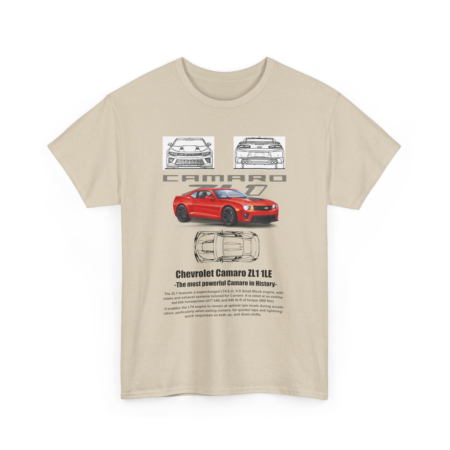Fashionable beige men’s t-shirt featuring detailed illustrations of the Chevrolet Camaro ZL1 1LE, symbolising automotive excellence.