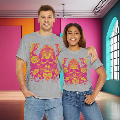 Stylish couple wearing the Skulls and Roses Cotton Tee, Unisex Graphic Shirt, highlighting its trendy and unisex appeal in a colourful setting.