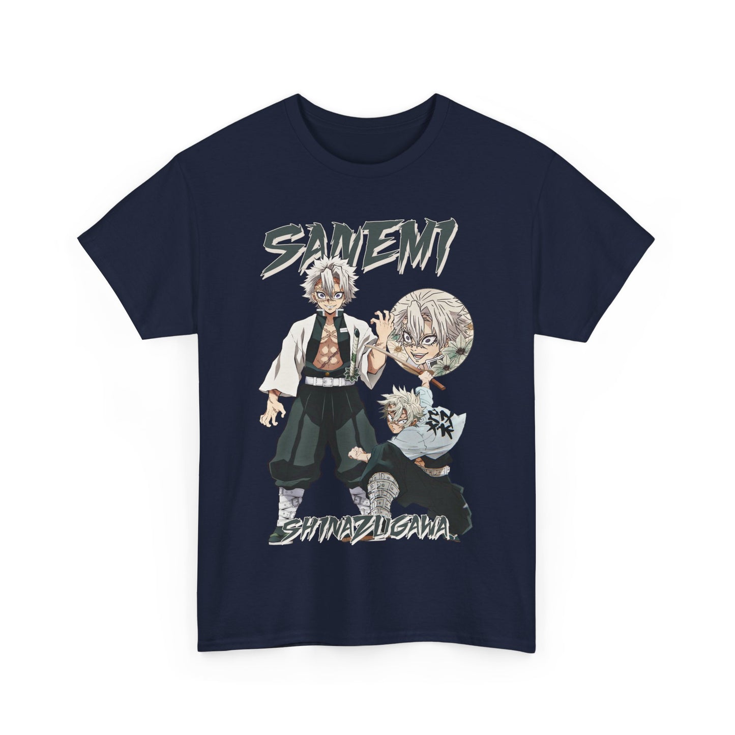 Striking front design of the Sanemi Shinazugawa t-shirt featuring a vibrant, artistic illustration of the character Sanemi with bold typography.