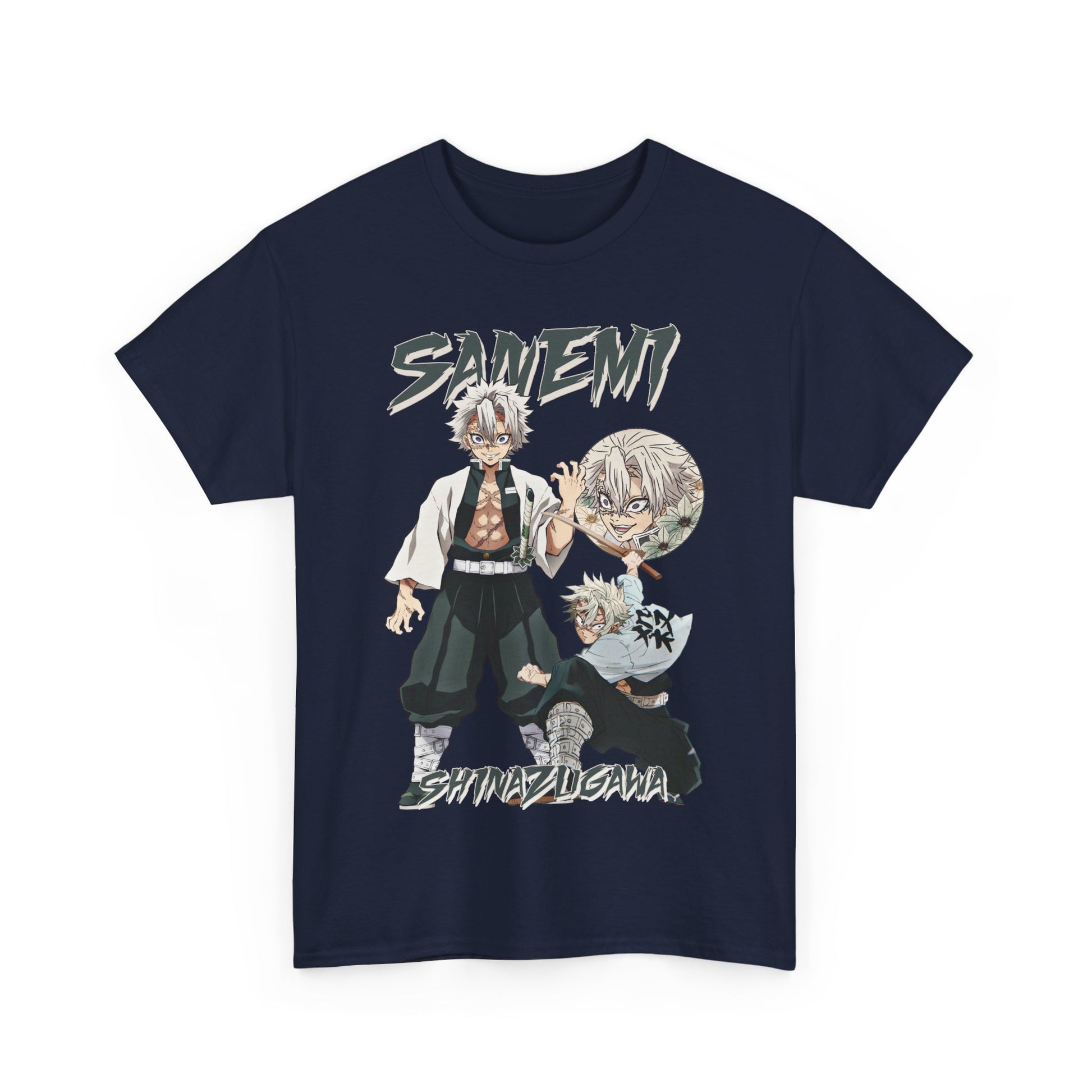 Striking front design of the Sanemi Shinazugawa t-shirt featuring a vibrant, artistic illustration of the character Sanemi with bold typography.
