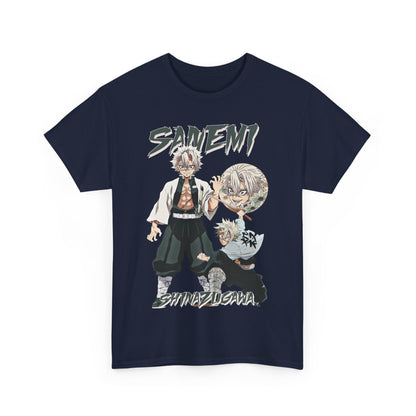 Striking front design of the Sanemi Shinazugawa t-shirt featuring a vibrant, artistic illustration of the character Sanemi with bold typography.