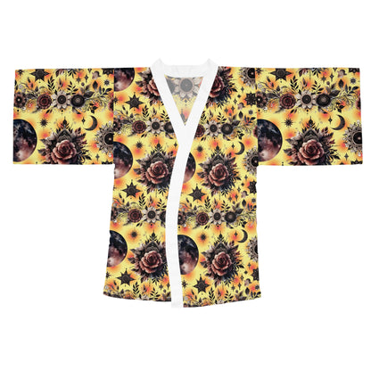 Floral Kimono Robe showcasing an elegant floral and cosmic pattern with a chic white trim, perfect for stylish relaxation.