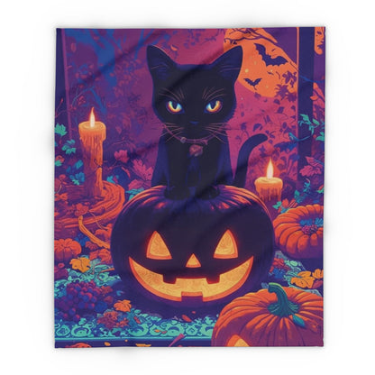 Decorative and Warm Halloween Spooky Arctic Fleece Blanket showcasing a mystical black cat sitting atop a glowing pumpkin, perfect for enhancing your luxurious Halloween celebrations.