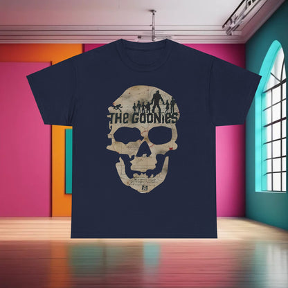 Luxury The Goonies Graphic T-Shirt in navy, featuring a decorative skull illustration, designed for discerning fans of iconic pop culture.