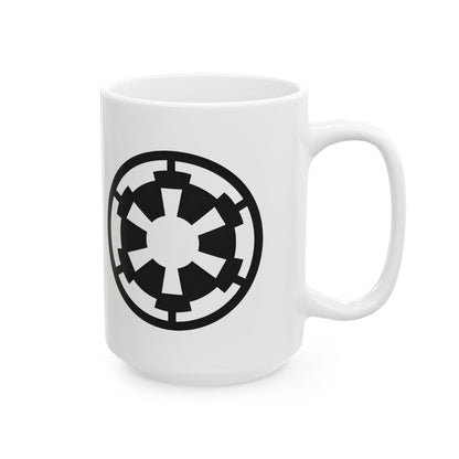 A humorous take on the Galactic Empire Logo Star Wars Image Ceramic Mug, perfect for any office or home setting, showing your allegiance to the dark side while enjoying your coffee.