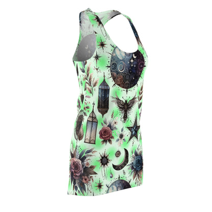 Side angle of Women’s Chic Designer Racerback Dress adorned with bold cosmic motifs, perfect for summer parties or casual outings.