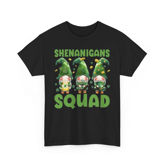 Shenanigans Squad St. Patrick's Day T-Shirt featuring an adorable leprechaun design in vibrant green tones on a black shirt, perfect for festive celebrations.