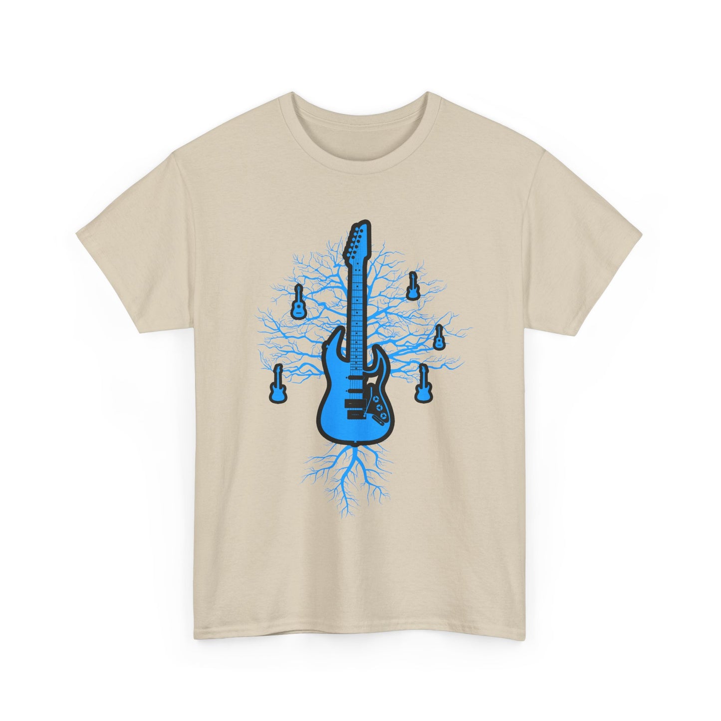 Stylish beige men's t-shirt featuring an edgy electric guitar graphic intertwined with tree roots, perfect for music enthusiasts.