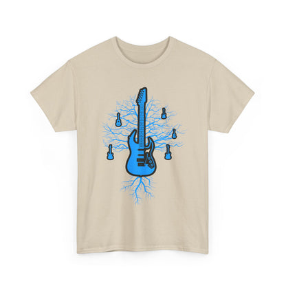 Stylish beige men's t-shirt featuring an edgy electric guitar graphic intertwined with tree roots, perfect for music enthusiasts.