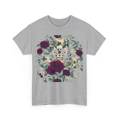 Front view of luxurious Skulls and Roses Cotton Tee, unisex graphic shirt in grey with intricate skull and rose design, perfect for bold fashion statements.