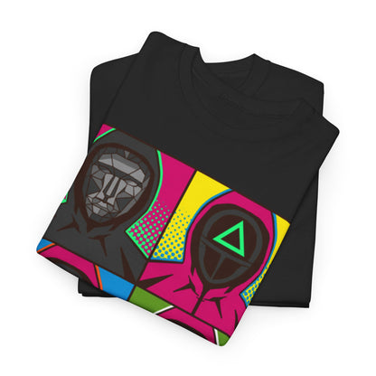 Stylish Squid Game Pop Art Unisex Graphic T-Shirt, featuring a two-layered design showcasing masked figures in a bold and colourful palette.