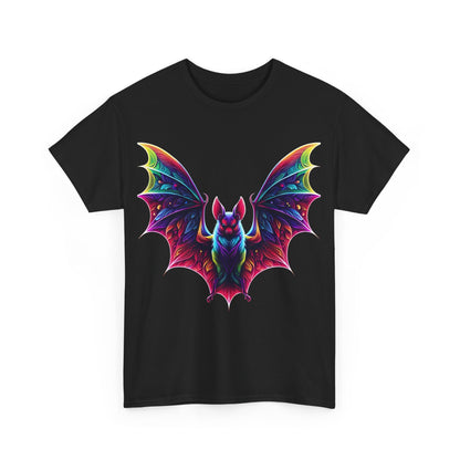 Radiant Evolution Bat Tee - Unisex cotton t-shirt in black, featuring a stunning bat graphic with vibrant details, ideal for chic, modern style.
