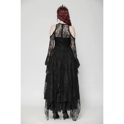 Dramatic shot of the Carys Black Gothic Asymmetrical Lace Off-Shoulder Dress, emphasizing its unique design, luxurious lace texture, and sparkling rhinestone details.