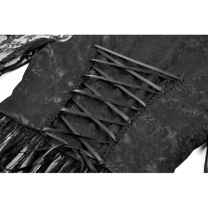 Close-up view of the intricate lace detailing on the Dark In Love Gothic tailcoat, showcasing its sophisticated design.