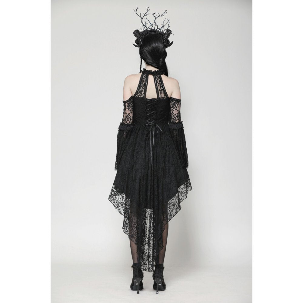 Gothic elegance featuring the Dark in Love Gem Lace Tail Dress with intricate vine lace detailing and a stylish cold-shoulder design.