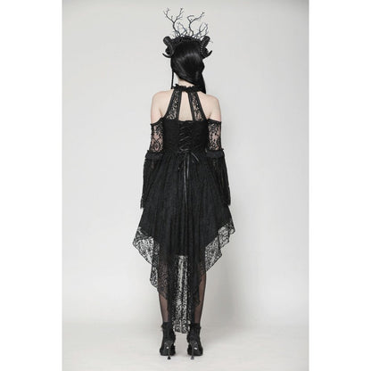 Gothic elegance featuring the Dark in Love Gem Lace Tail Dress with intricate vine lace detailing and a stylish cold-shoulder design.