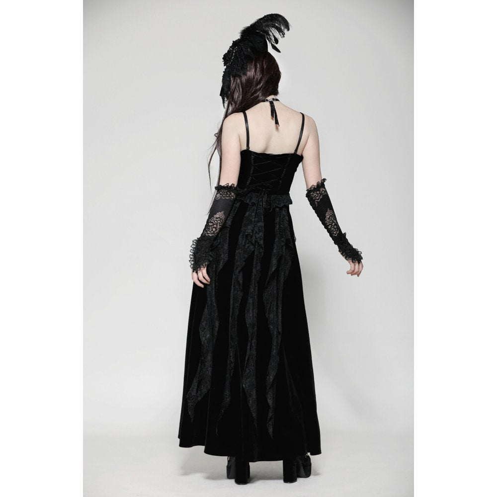 Dark in Love Fia Gothic Maxi Dress showcasing the corseted waist and intricate lace detailing for a luxurious gothic look.