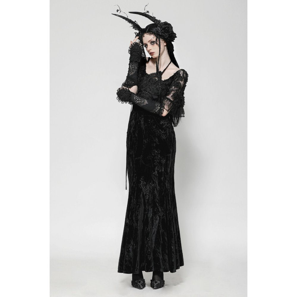 Elegant layered design of the Dark in Love Alazne Dark Rose Embroidered Mermaid Maxi Dress, showcasing its flattering silhouette and luxurious fabric.