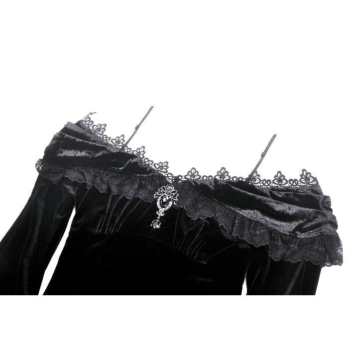 Detailed shot of the ruffle design on the gothic velvet dress, capturing its luxurious texture and glamorous appeal.