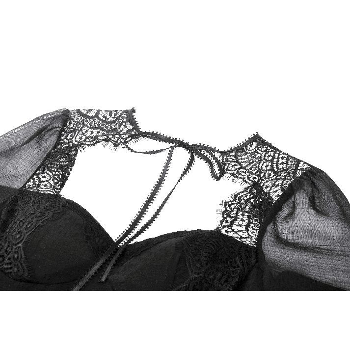 Model wearing the Dark in Love Greta Lace-Up Mesh Dress in an enchanting gothic setting, embodying dark elegance.