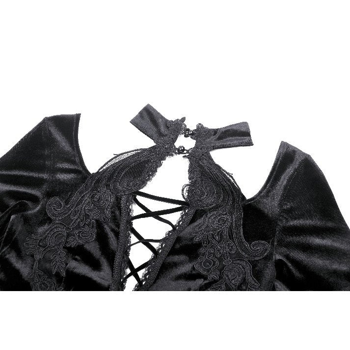 Detailed view of the lace-up design of the Dark in Love Vera Gothic Velvet High-Slit Maxi Dress, embodying regal gothic elegance.