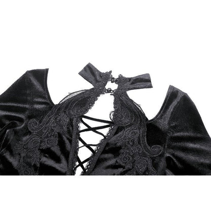 Detailed view of the lace-up design of the Dark in Love Vera Gothic Velvet High-Slit Maxi Dress, embodying regal gothic elegance.