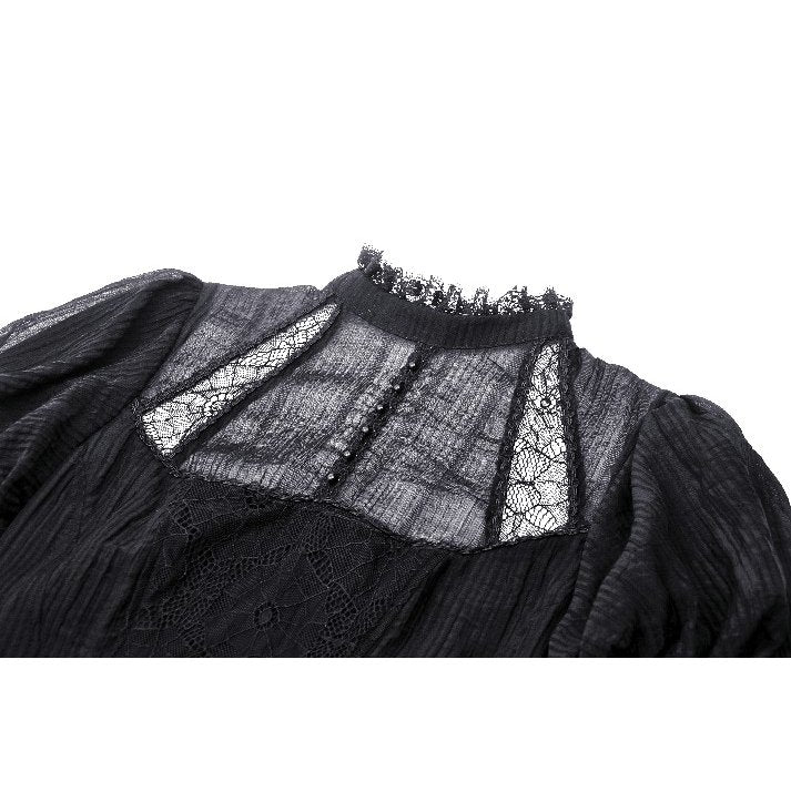 Detail shot of the sheer lace sleeves of the Dark in Love Harlow Gothic Lace Maxi Dress, accentuating its romantic Victorian charm.