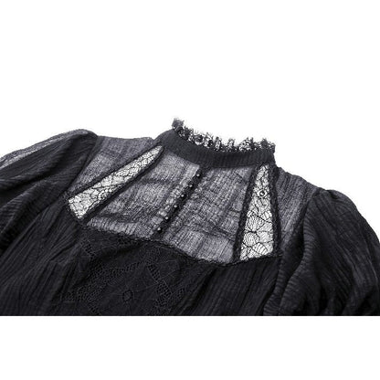 Detail shot of the sheer lace sleeves of the Dark in Love Harlow Gothic Lace Maxi Dress, accentuating its romantic Victorian charm.