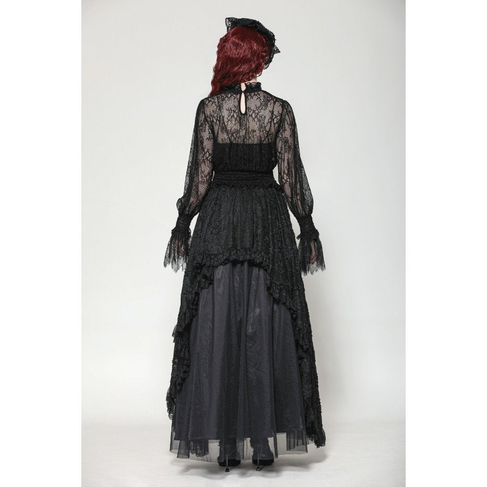 Aoife Black Lace Top featuring elegant high-neck Victorian collar and intricate embroidery for a gothic aesthetic.