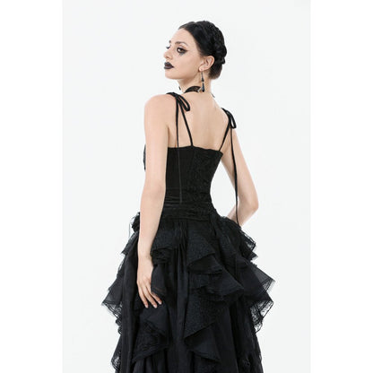 Close-up view of the dark in love corset top highlighting floral jacquard fabric and ruffled trims, ideal for evening wear.