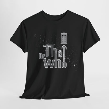 Luxury black graphic tee featuring a creative design combining the Dr Who logo and a whimsical TARDIS, perfect for fans seeking stylish urban wear.